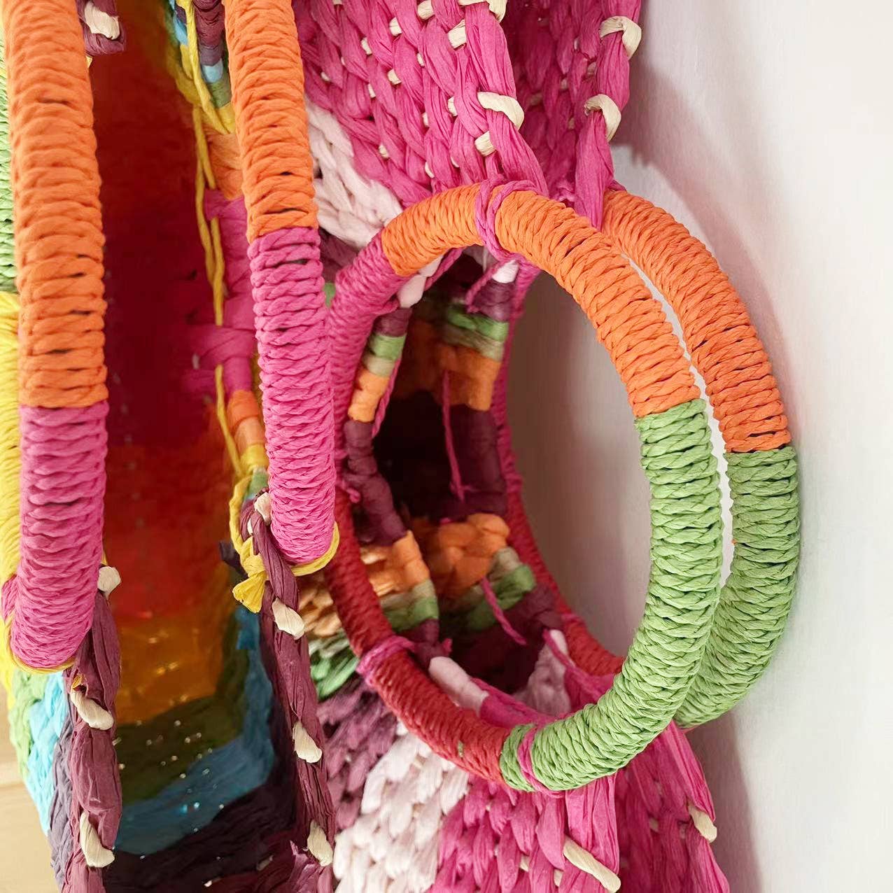 Small Rainbow Raffia Handbag with Circular Handles