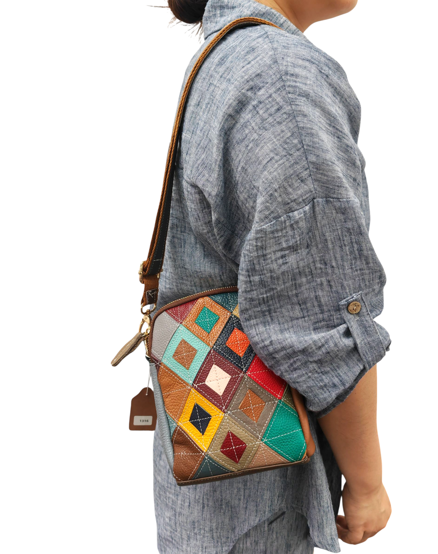 Stained Glass Window Inspired Leather Multicoloured Patchwork Double Zipper Small Bag