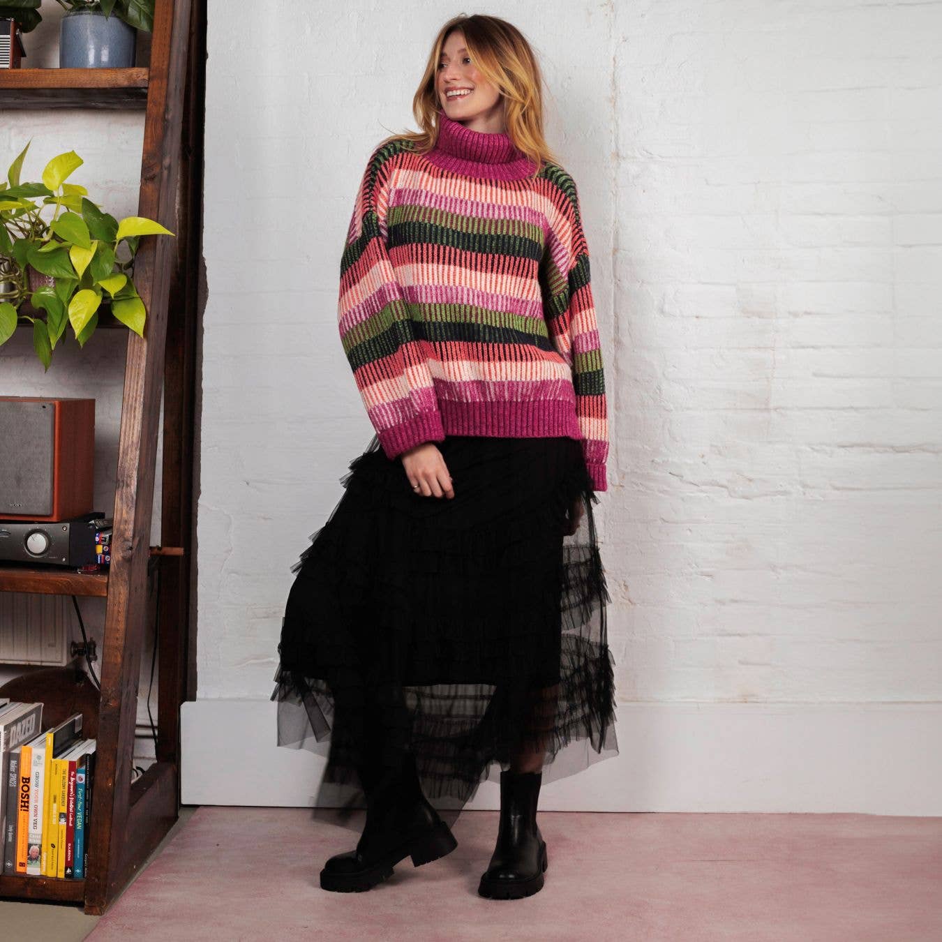 Cara & the Sky Tasha Oversized Balloon Sleeve Stripe Roll Neck Jumper - Purple