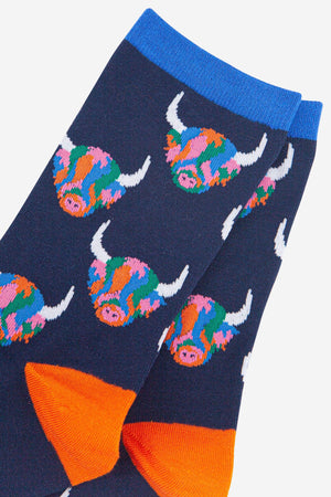 Women's Rainbow Highland Cow Print Bamboo Socks in Navy Blue