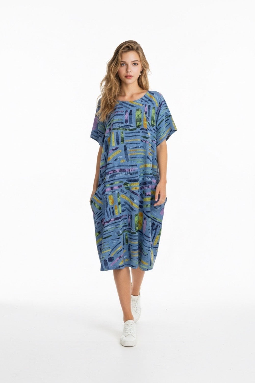 Denim Blue Abstract Cotton Dress
