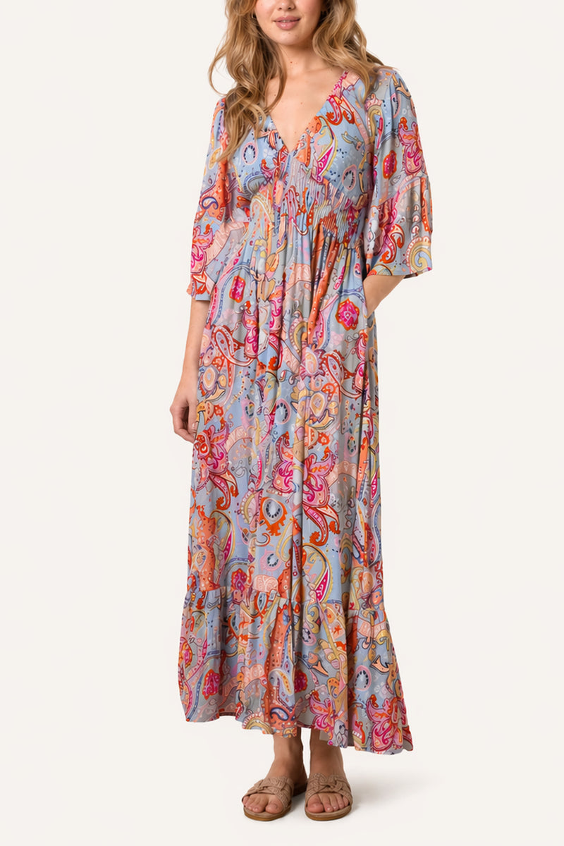 Paisley Print Empire Line Dress with Half Sleeve