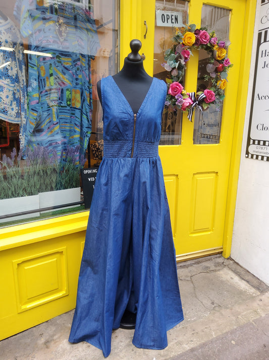 Zip Front Shirred Denim Jumpsuit