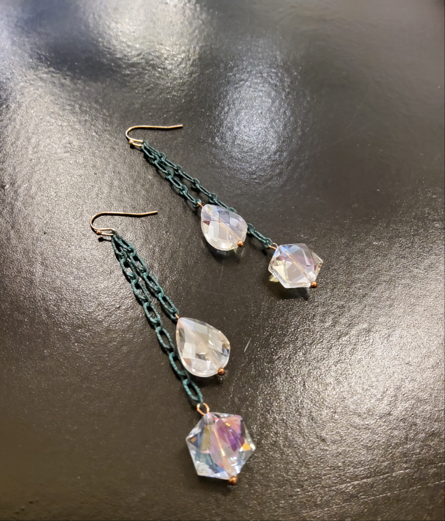 Dangly Crystal Drop Teal Chain Earrings