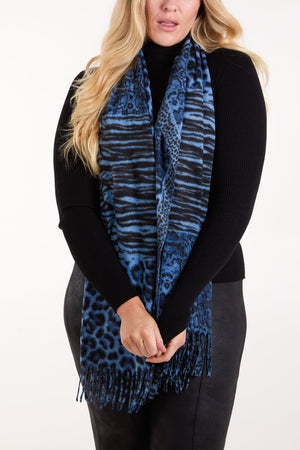 Multi animal print blue & black blanket scarf