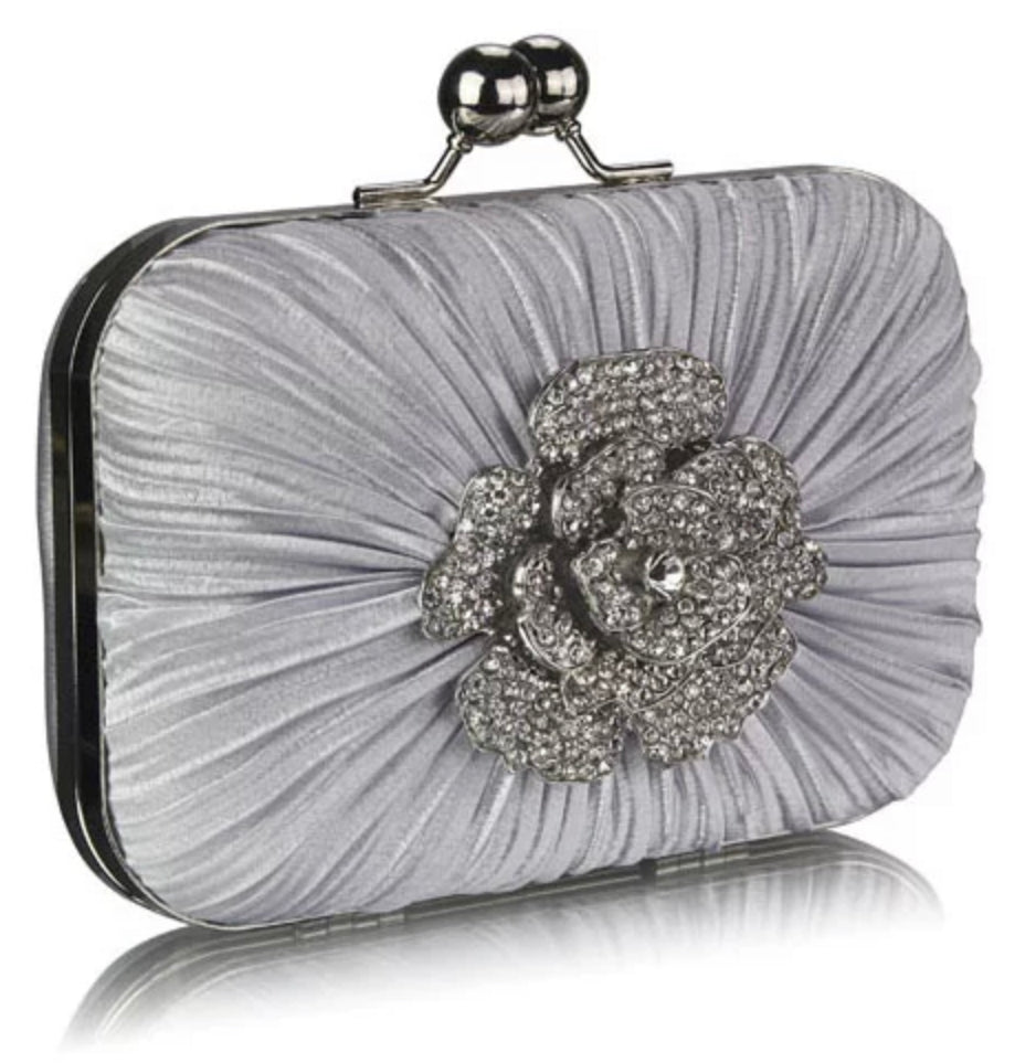 Gorgeous Satin Rouched Hard Case Silver Evening Bag