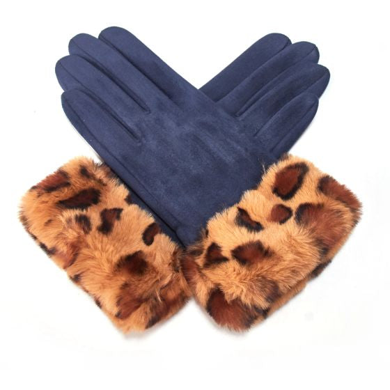 Navy Leopard Print Cuff Suedette Gloves