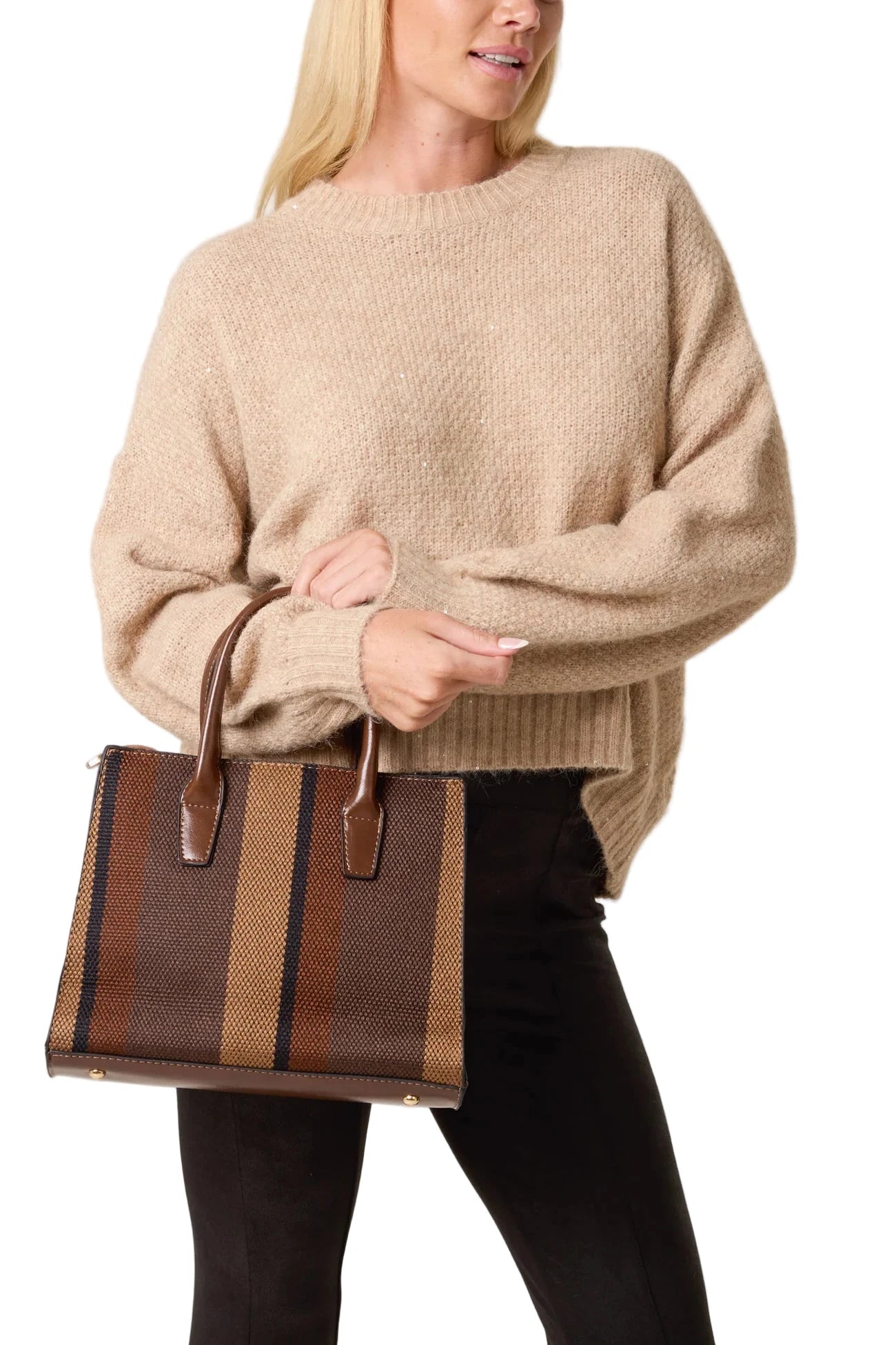 Brown Canvas Autumn Stripe Bag with little clutch and extra strap 