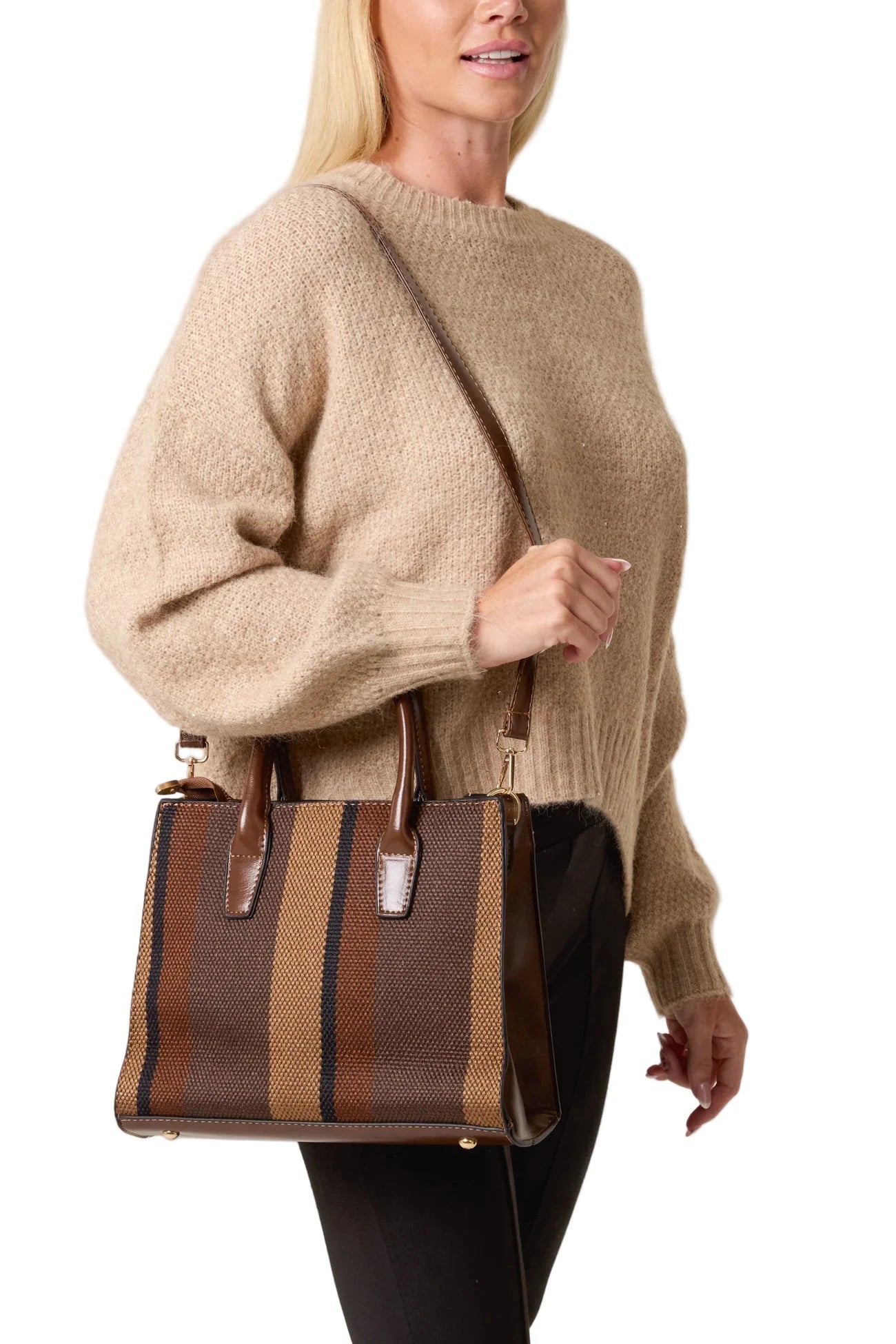 Brown Canvas Stripe Handbag with Brown Clutch Purse