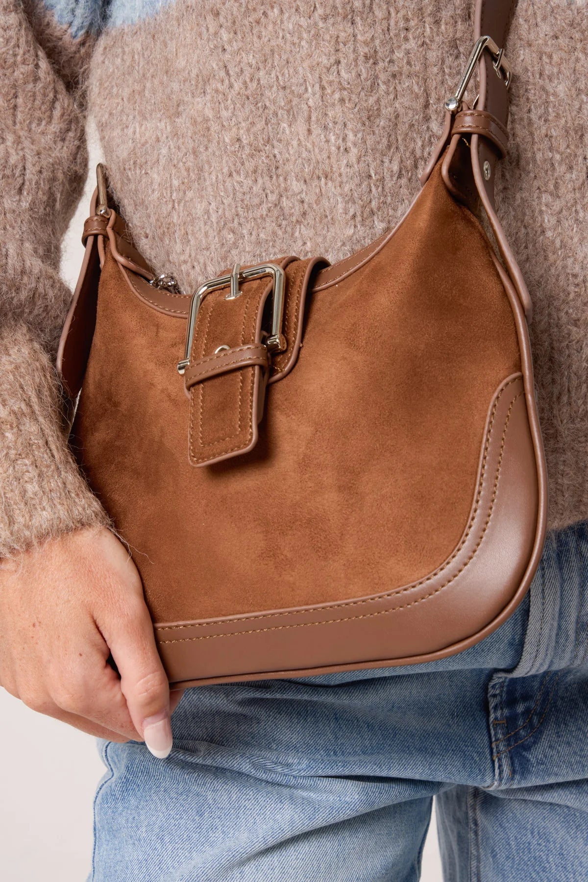 Brown faux suede crossbody bag with buckle - autumn and winter bag 