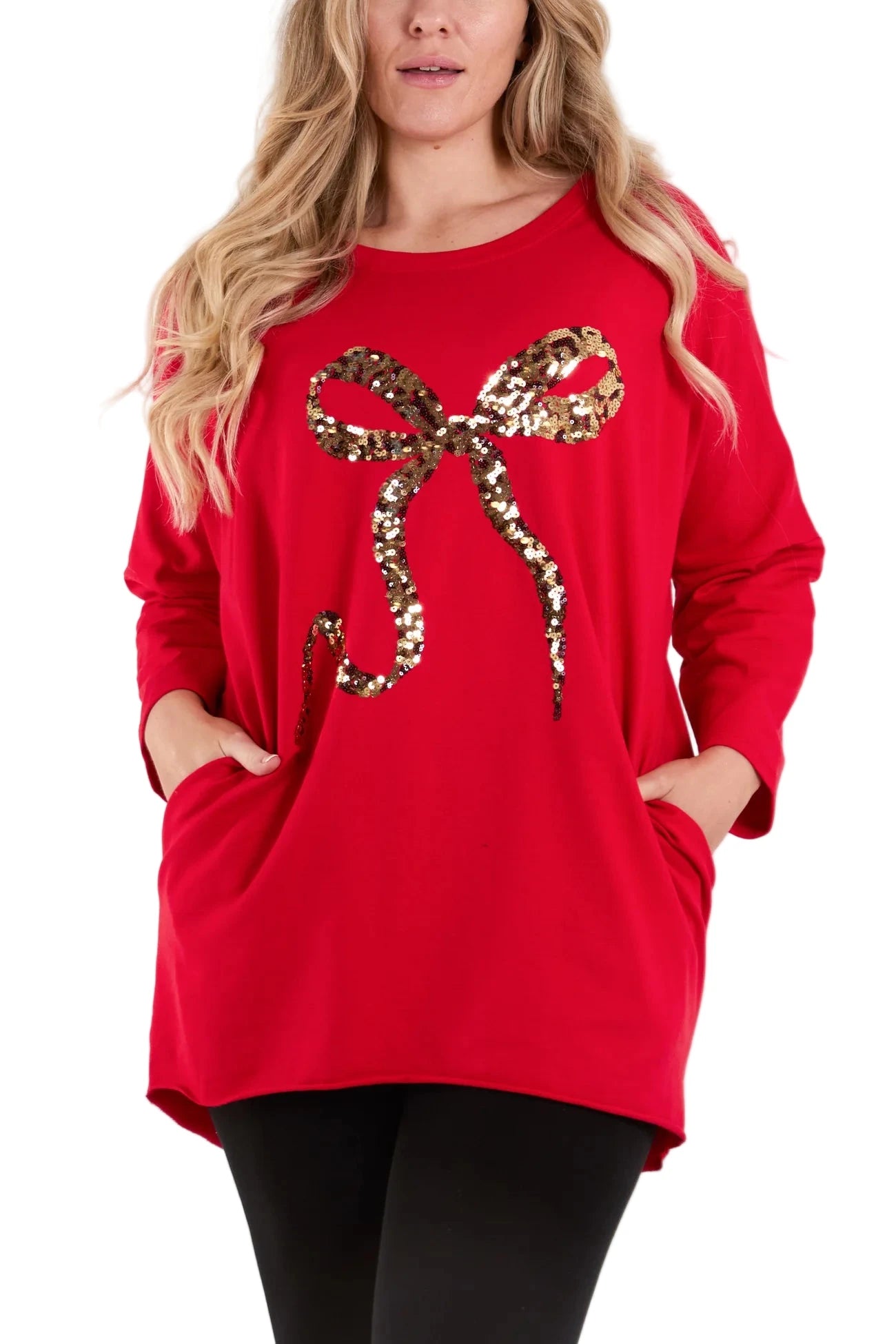 Red jumper, Christmas jumper, gold bow