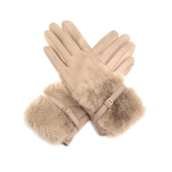 Light grey, brown buckle gloves - fashionable 