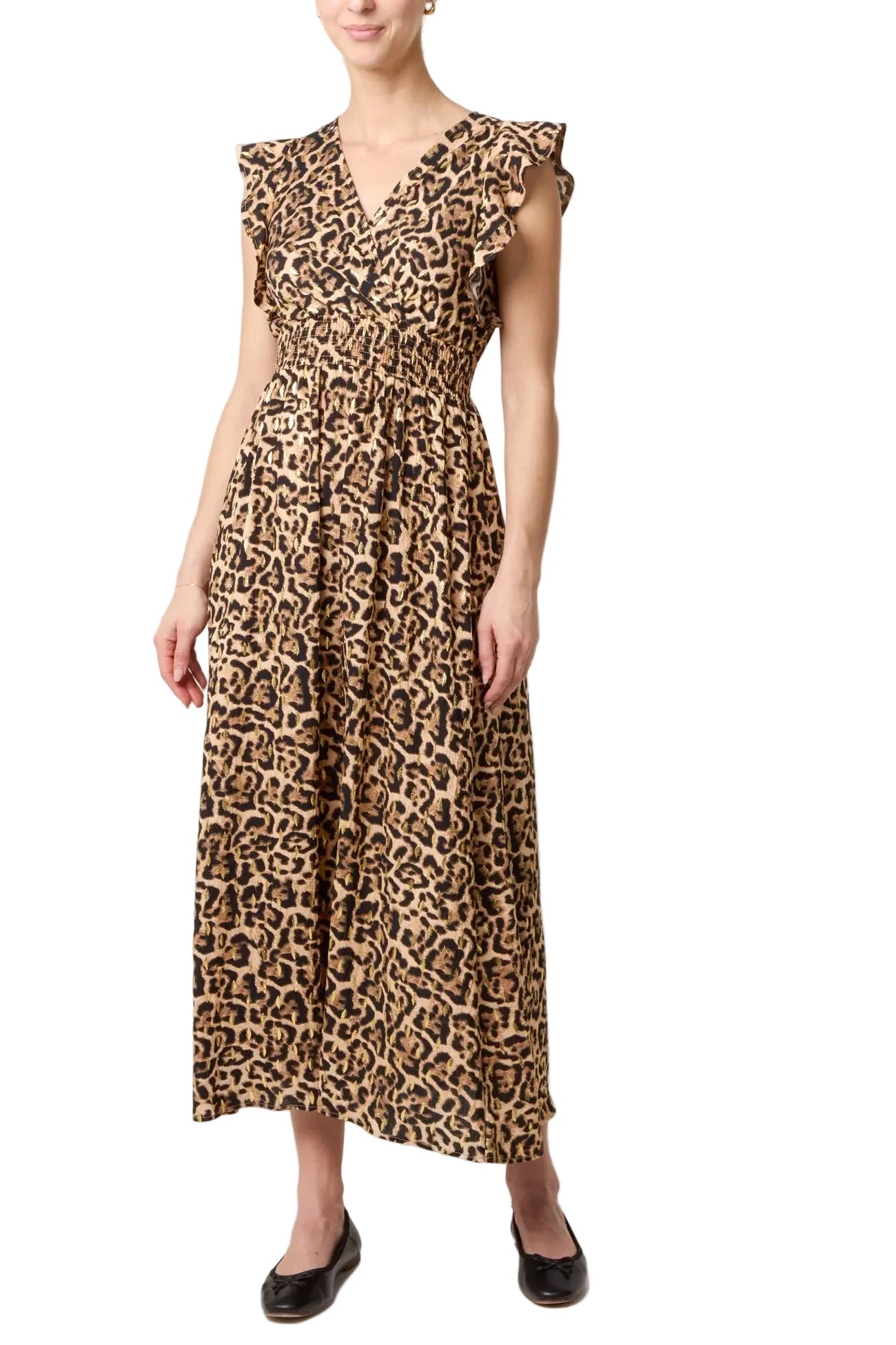 Leopard Print Shirred Flutter Sleeve Midi Dress