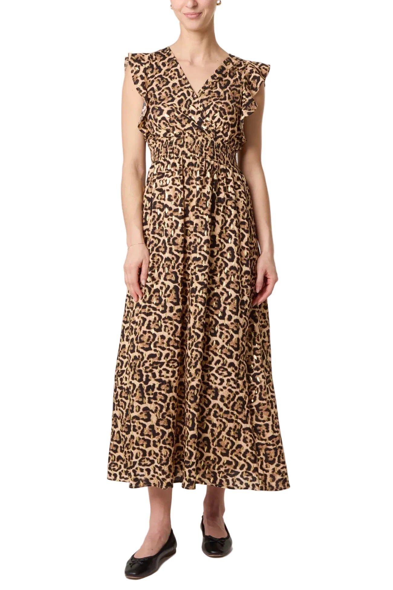 Leopard Print Shirred Flutter Sleeve Midi Dress