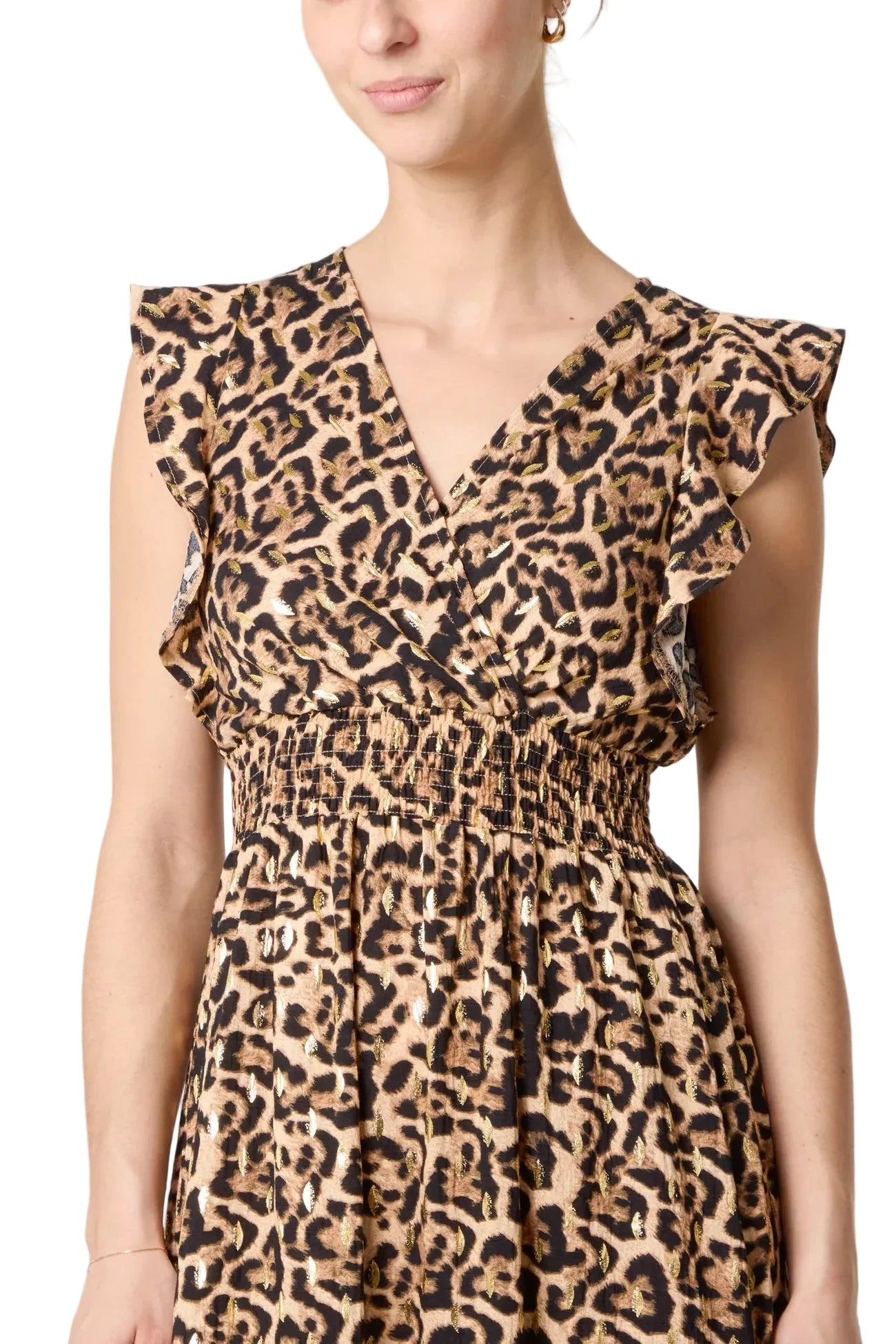 Leopard Print Shirred Flutter Sleeve Midi Dress