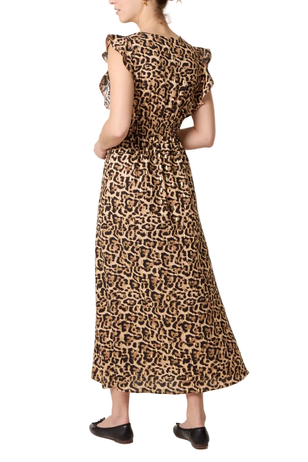 Leopard Print Shirred Flutter Sleeve Midi Dress