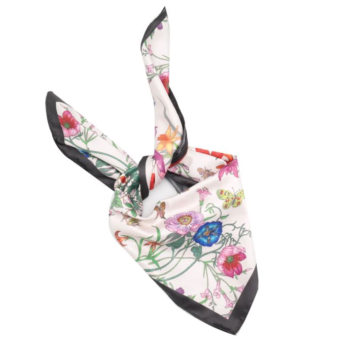 White Floral Small Satin Scarf