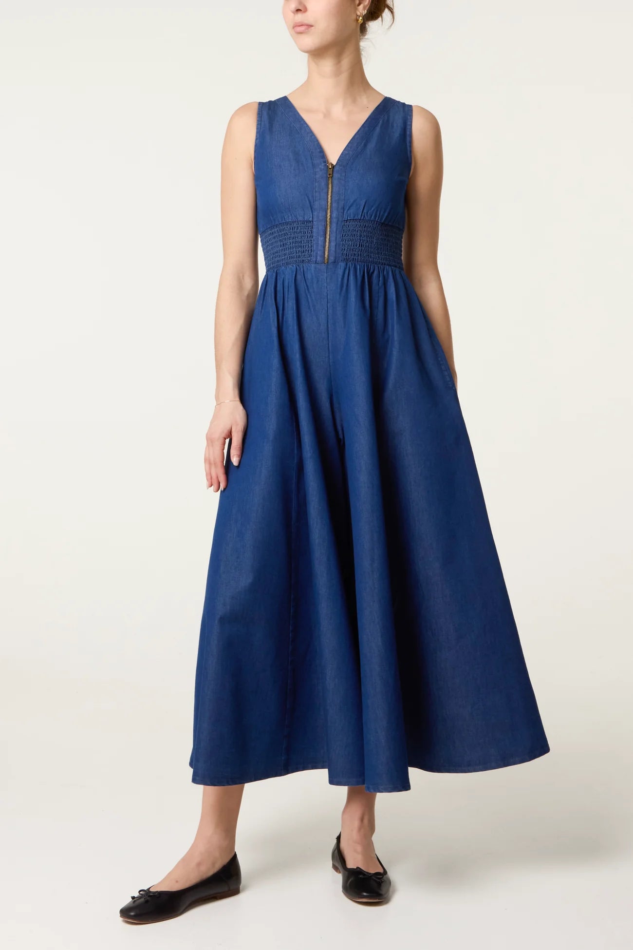 Zip Front Shirred Denim Jumpsuit