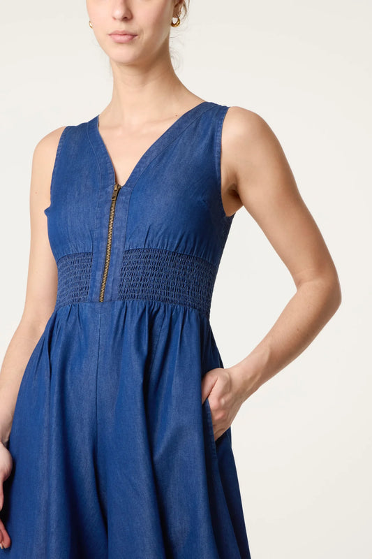 Zip Front Shirred Denim Jumpsuit