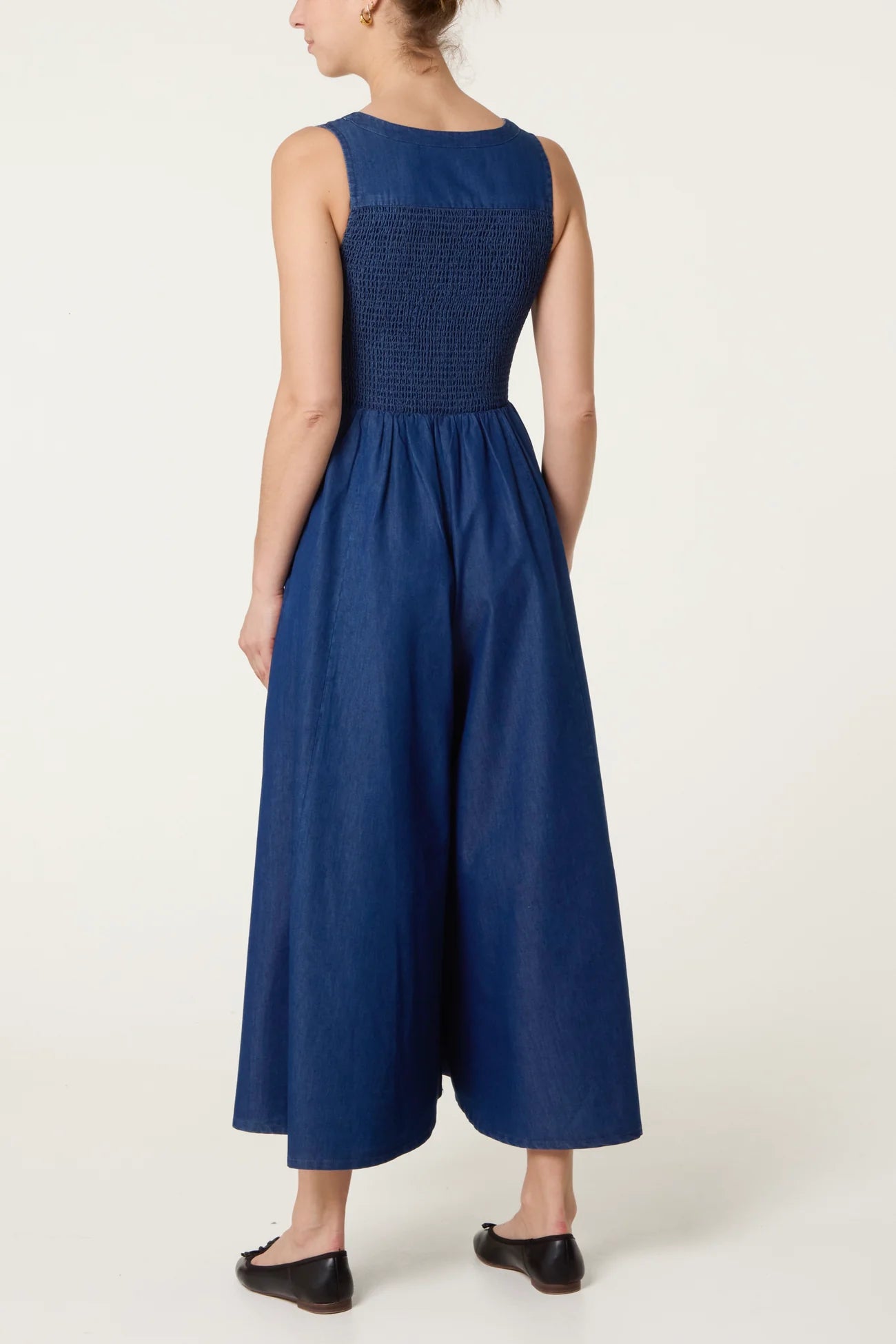 Zip Front Shirred Denim Jumpsuit