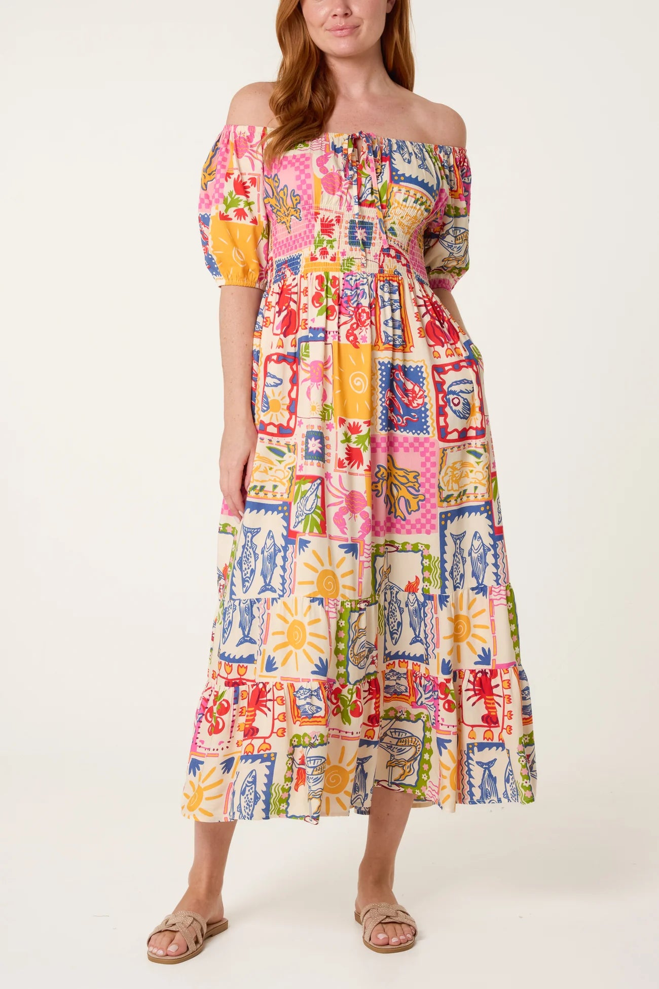 Tie Front Shirred Postcard Print Midi Dress