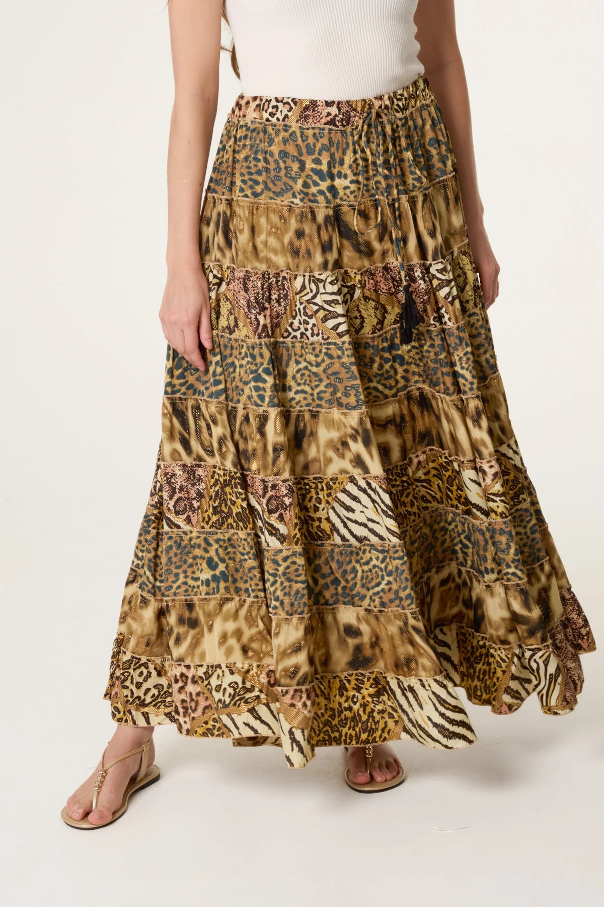 Metallic Leopard Tiered Maxi Skirt