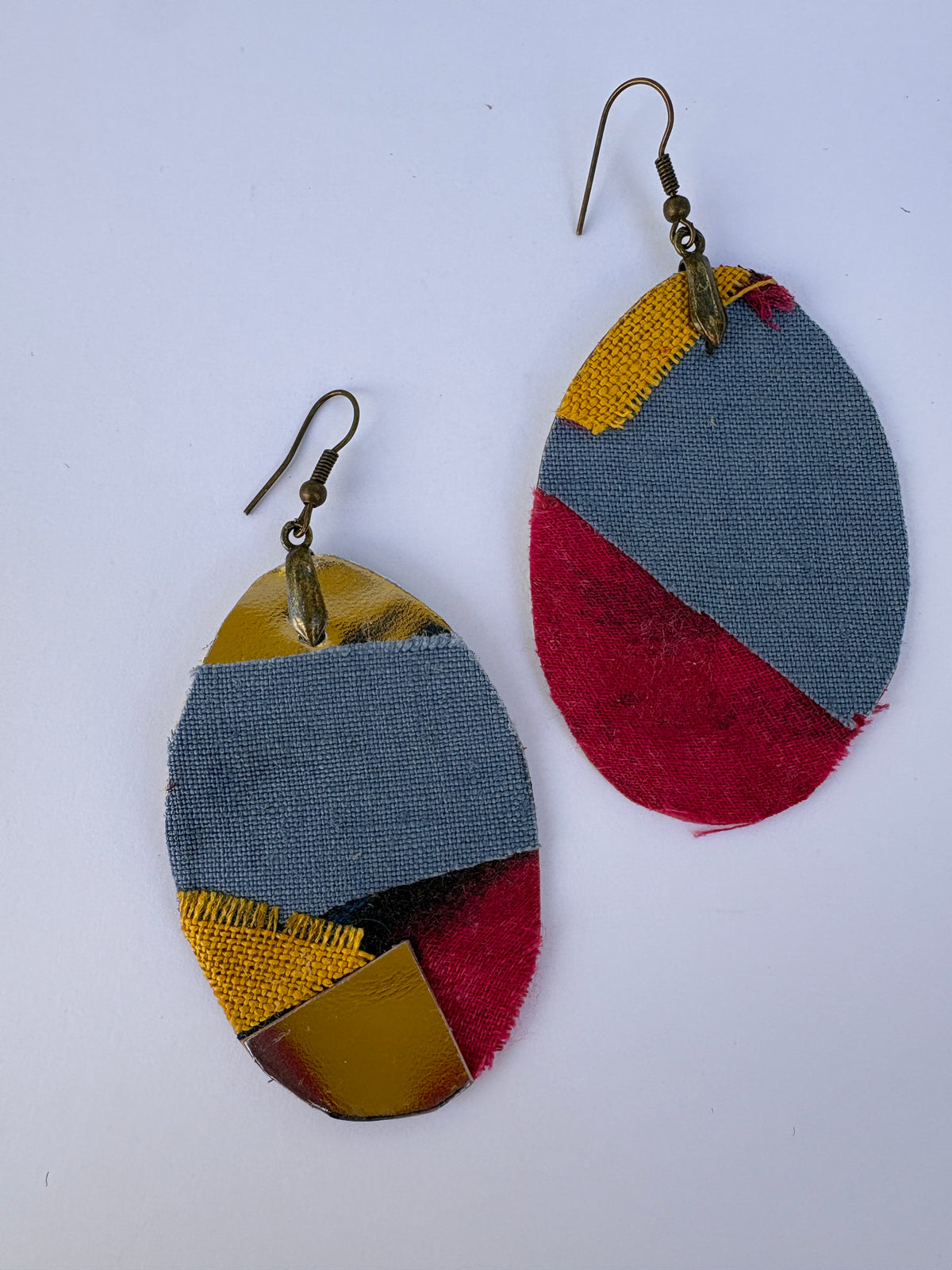 Linen & leather patchwork earrings