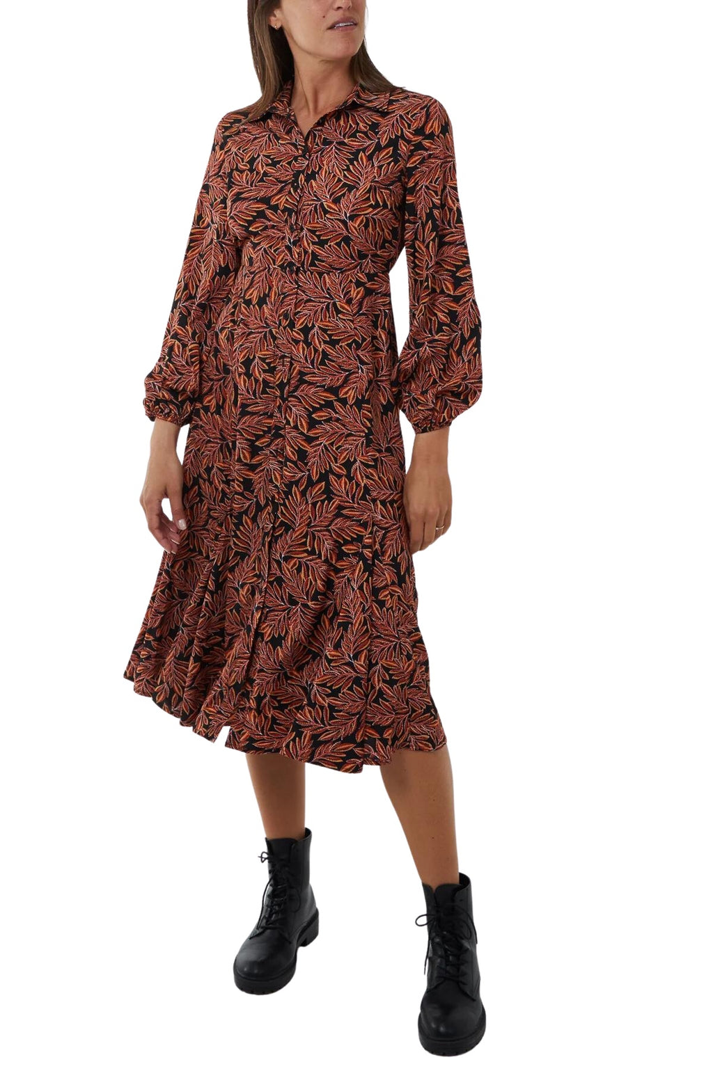 Leaf Print Godet Hem Midi Shirt Dress