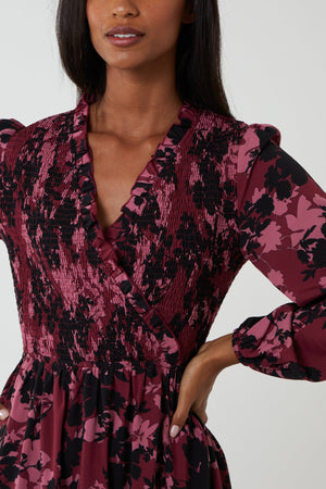 Floral Burgundy & Pink Shirred Bust Wrap Midi Dress