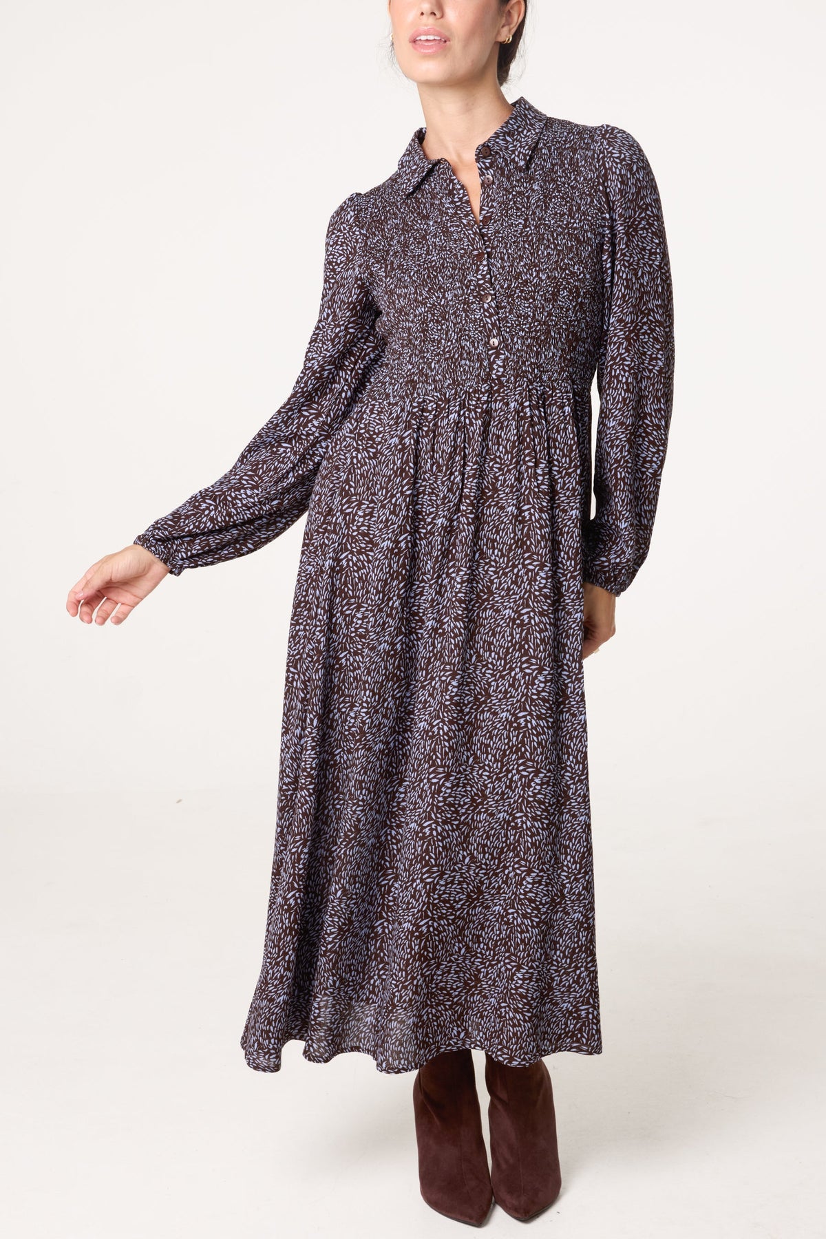 Brown & Blue Shirred Top Long Sleeve Button Down Dress