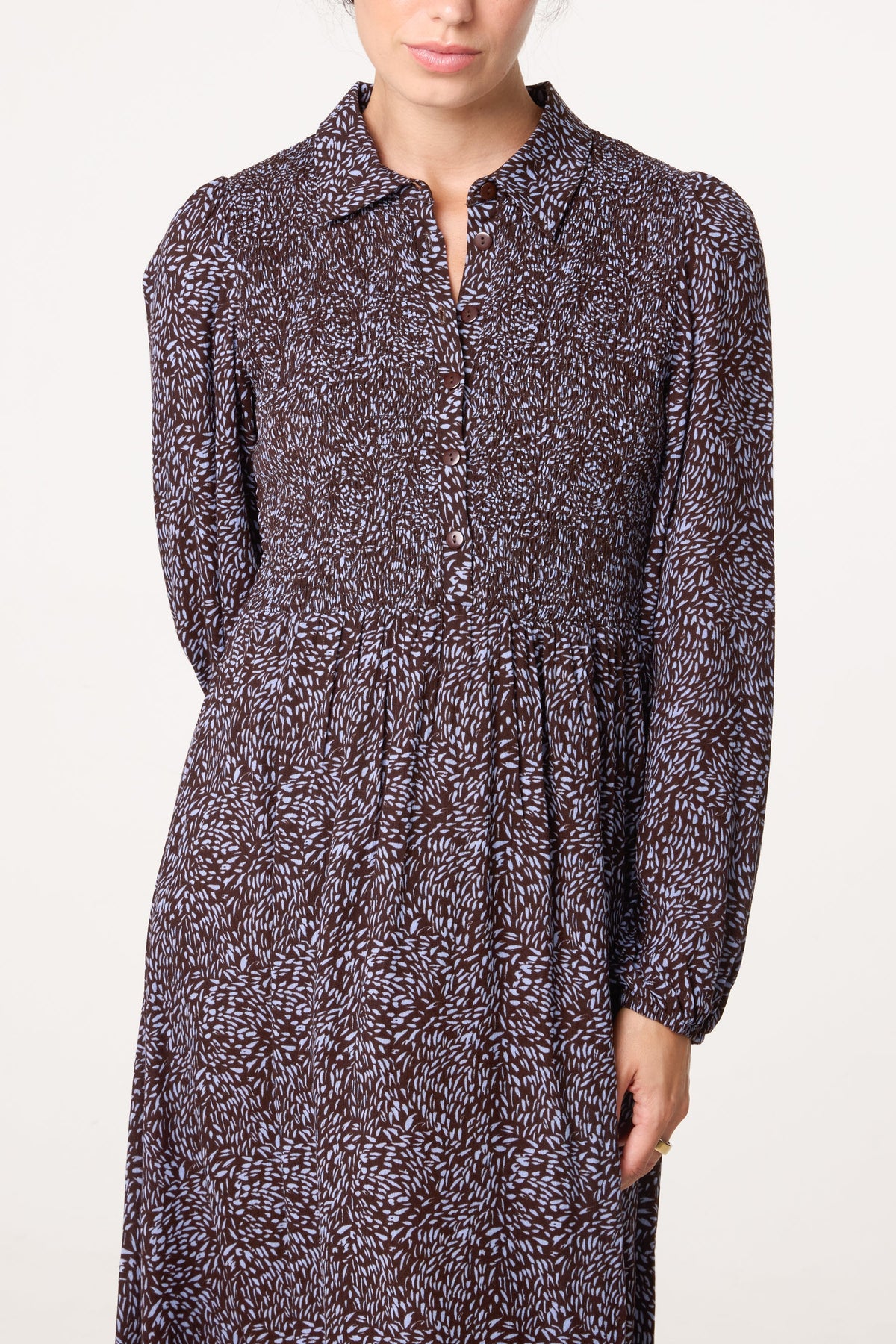 Brown & Blue Shirred Top Long Sleeve Button Down Dress