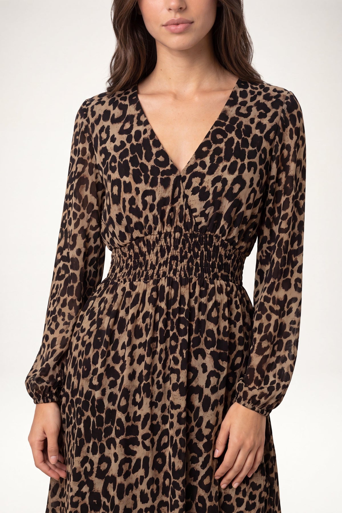 Leopard Print Shirred Waist Long Sleeve Dress