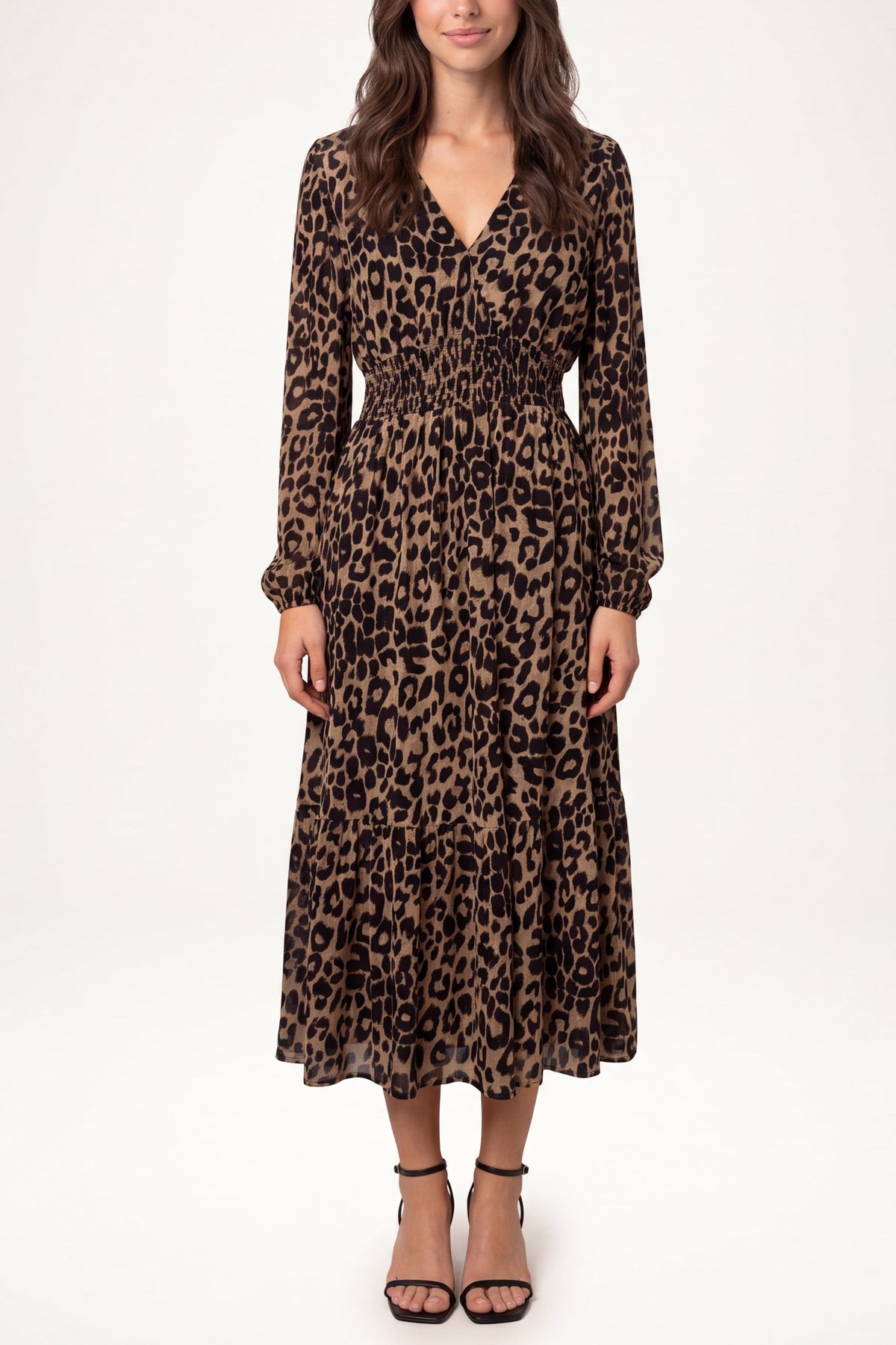 Leopard Print Shirred Waist Long Sleeve Dress