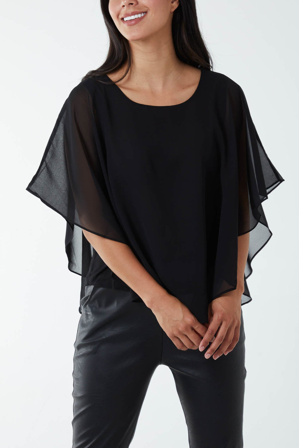 Black Sheer Flutter Sleeve Blouse