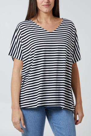 Black and White Striped V-Neck T-Shirt