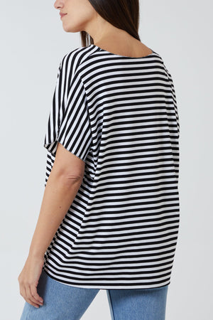 Black and White Striped V-Neck T-Shirt