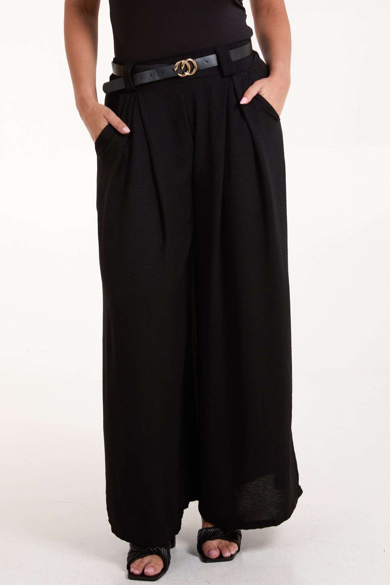 Belted Pleat Wide Leg Trousers