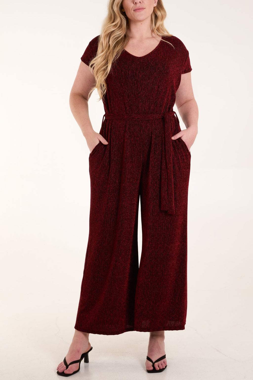 Wine Glitter V-Neck Wide Leg Jumpsuit