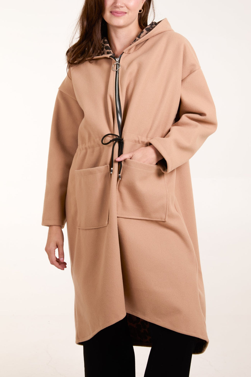 Camel Tie Waist Zip Up Coat with Hood