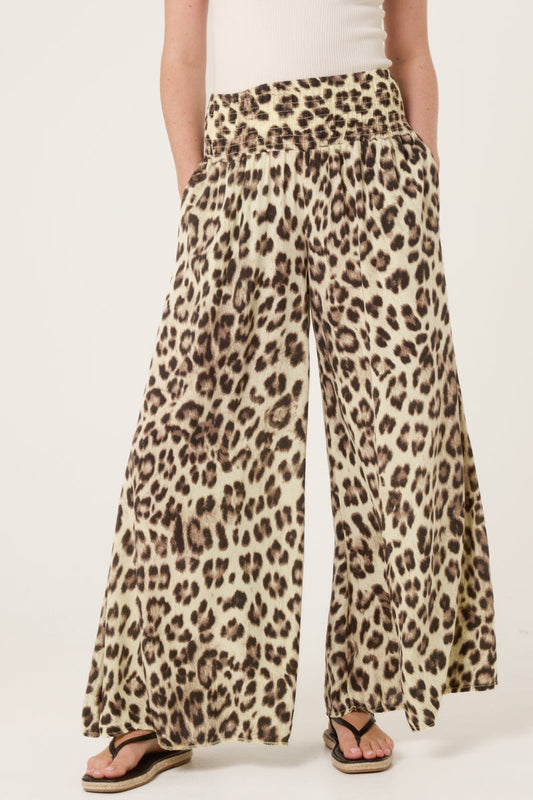 Lemon Leopard Print Elastic Wide Leg Trousers