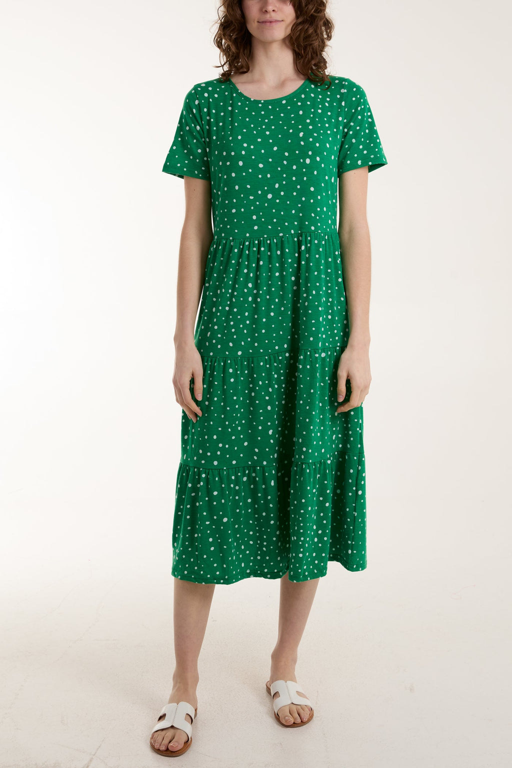 Emerald Green Polka Dot Tiered Smock Midi Dress
