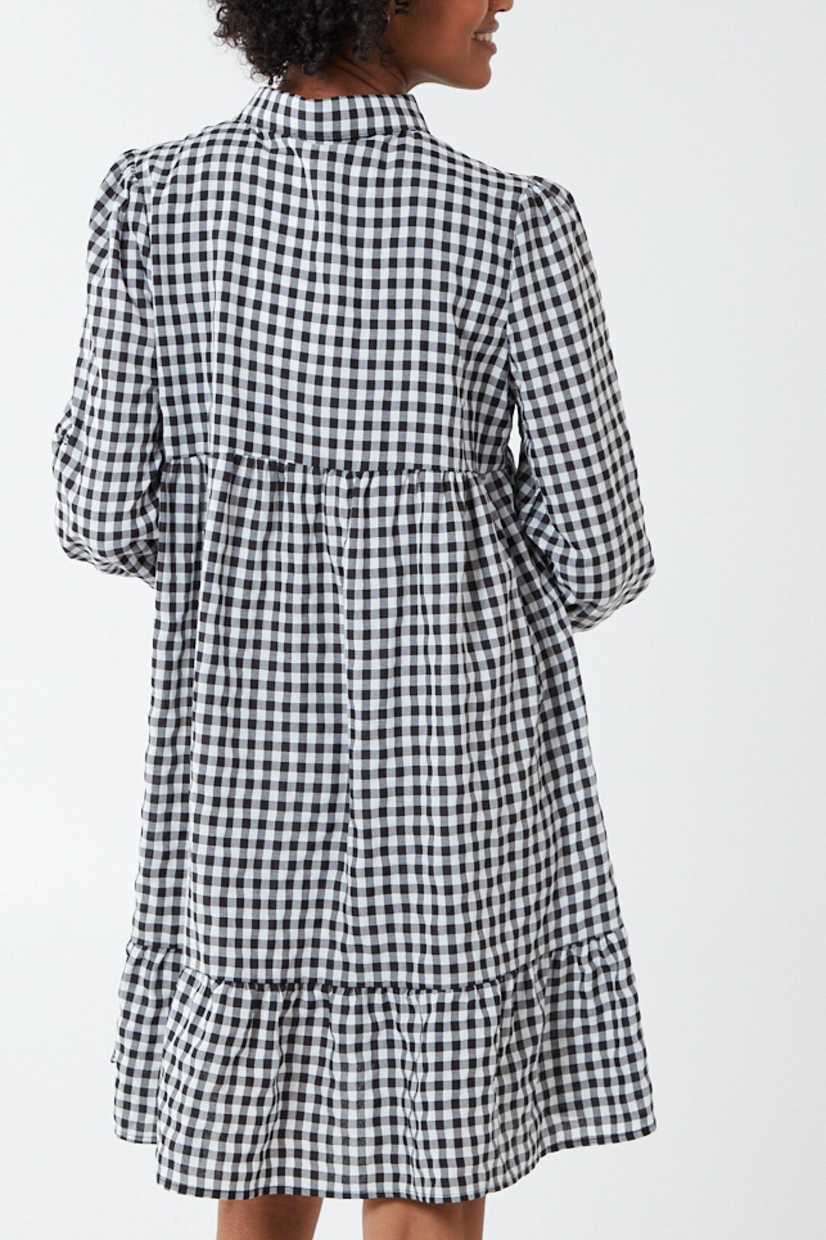 Black and White Gingham Tiered Shirt Dress