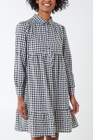 Black and White Gingham Tiered Shirt Dress