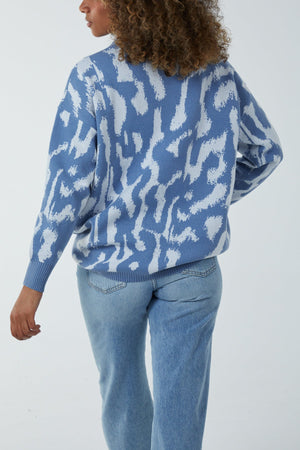 Abstract blue animal print roll neck jumper