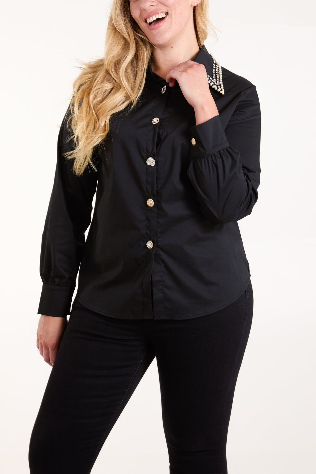 Black Embellished Diamanté Collar Shirt