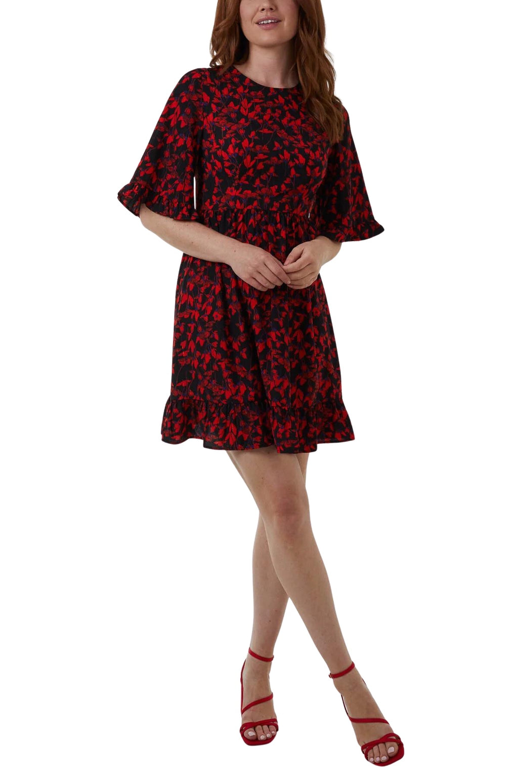 Red Floral Print Swing Dress