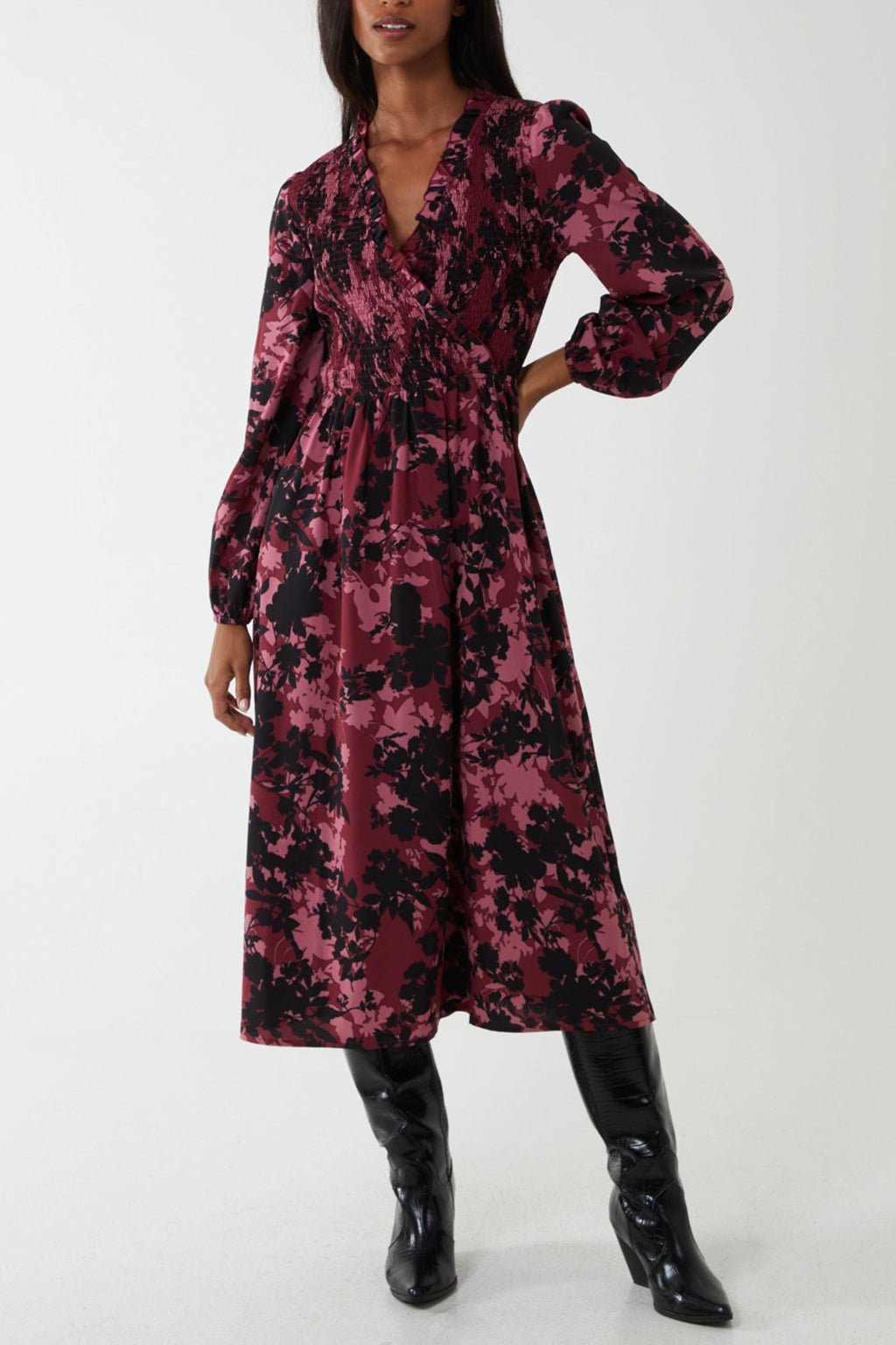 Floral Burgundy & Pink Shirred Bust Wrap Midi Dress