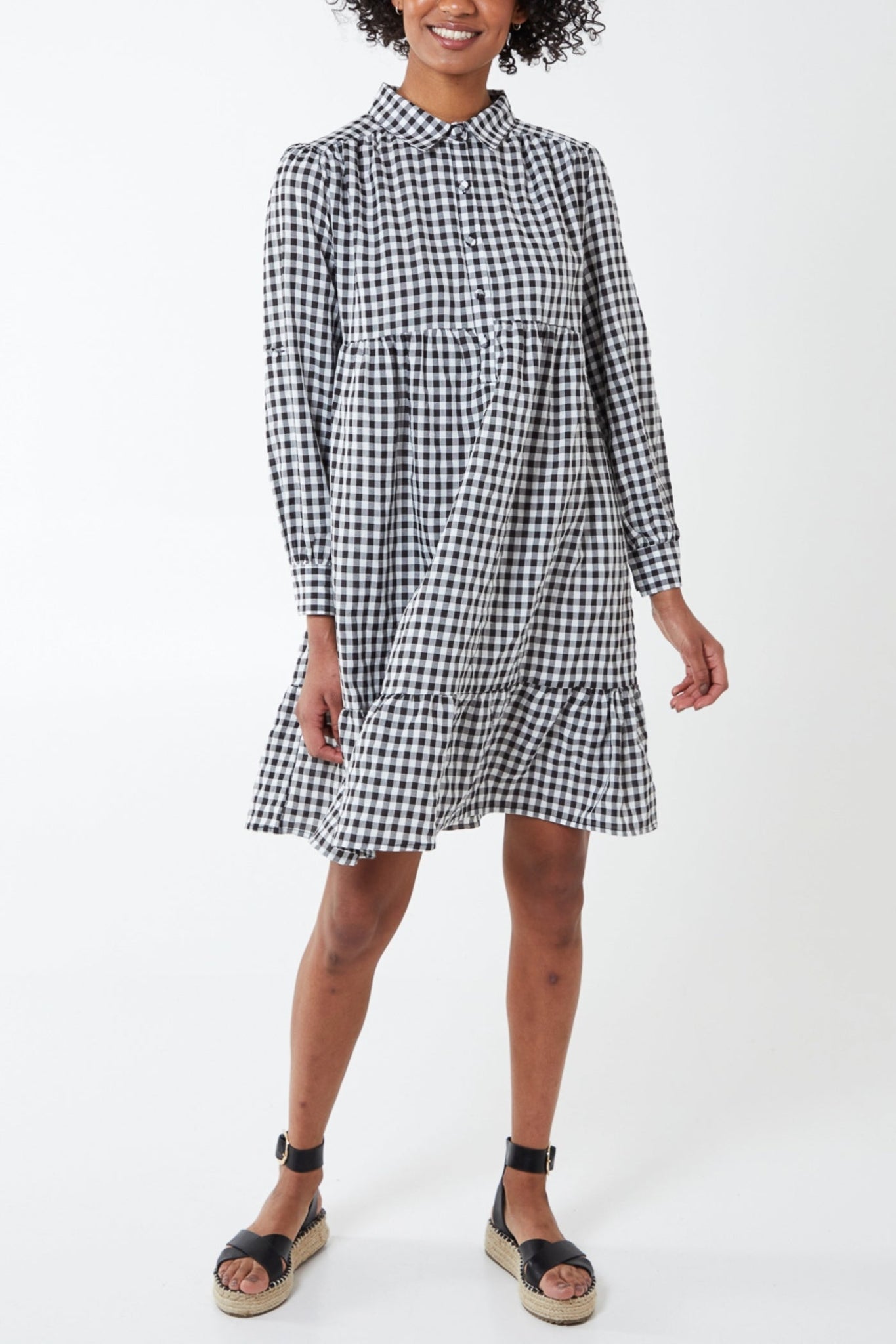 Black and White Gingham Tiered Shirt Dress Melanie Bond