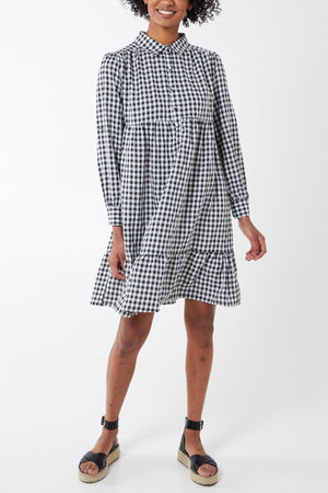 Black and White Gingham Tiered Shirt Dress