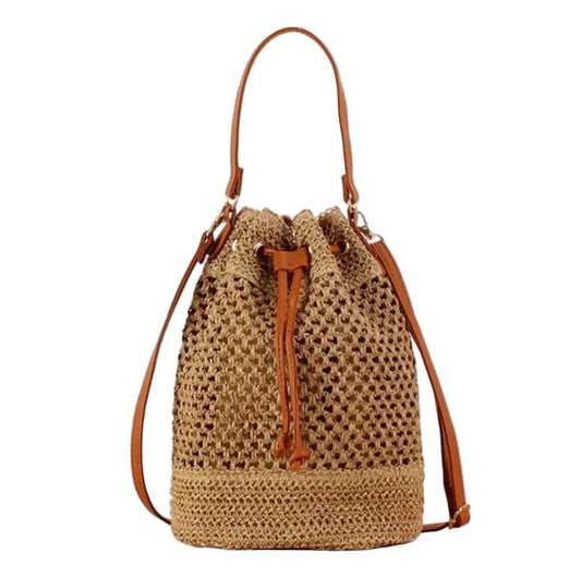 Medium Size Draw String Two-toned Paper Straw Bucket Bag